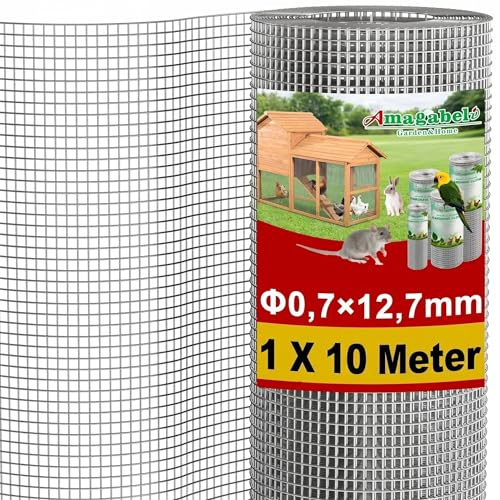 Malla Electrosoldada Galvanizada, Rollo 1.0M x 10M, Luz de Malla 12x12mm, Alambre de 0.7mm de Grosor - Para Cerramientos, Gallineros, Jardín y Refuerzo - Amagabeli