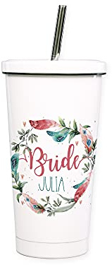 GRAZDesign Trinkbecher mit Deckel und Strohhalm mit Namen personalisiert für Junggesellenabschied - JGA Becher, Bride Blumenkranz Edelstahl 550ml