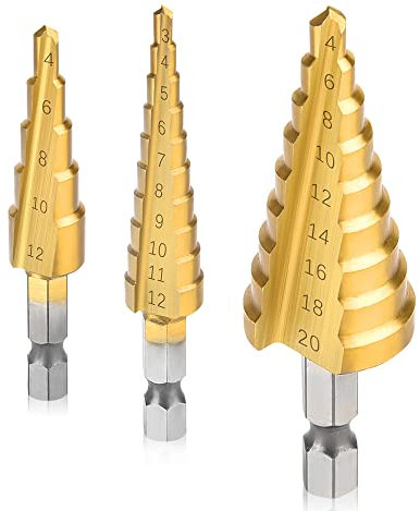 Bestgle Paso Brocas Escalonadas, Juego de Brocas Escalonadas Ranuradas en Espiral, Broca Cónica de Doble Ranura Recubierta de Titanio Hss