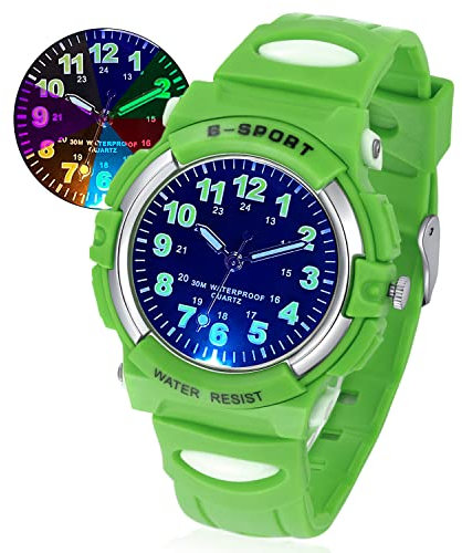 DTKID 7 Colorful Light Children's Watch Boys Girls, Kid Waterproof Analog Watch Soft Rubber Band Easy to Read Dial Time Lessons Wristwatch Child for 5-18 Years Old (Green)