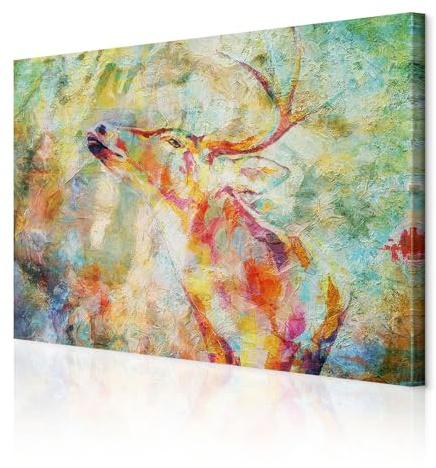 decomonkey Wandbilder Hirsch Abstrakt 90x60 cm 1 Teilig Leinwandbilder gelb | Strukturleinwand, Holzkeilrahmen, Bild auf Leinwand, Kunstdruck, Wanddeko, Wohnzimmer, Wanddekoration, Modern, Tiere, Natur