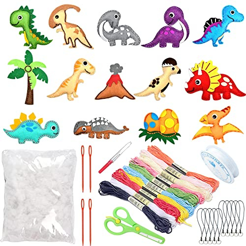Allazone Nähset Kinder, Dinosaurier DIY Filz Bastelset, Filz Nähen Kits, 14 Stil DIY Nähset Kinder Tierformen aus Filz für Kinder Pädagogische und Anfänger