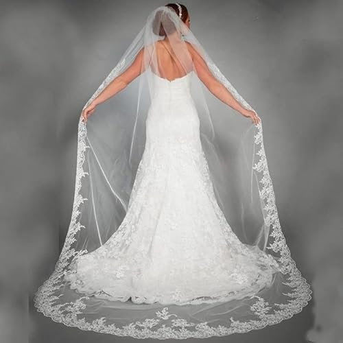 HMTE Brautschleier Elegante Hochzeitsaccessoires Applikationen Tüll Lange Brautschleier Spitze Rand Brautschleier 3 Meter (Elfenbein 300cm)