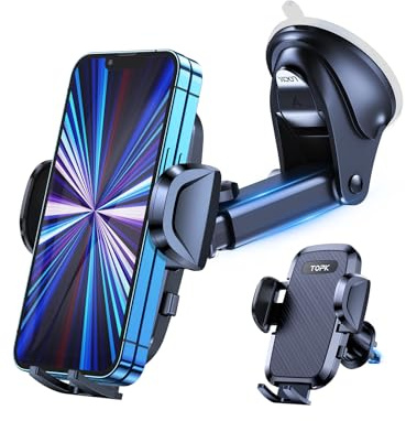 Soporte Móvil Coche, TOPK Soporte del Coche Móvil para Parabrisas & Salpicadero & Rejillas del Aire & Mesa con Brazo Ajustable Giro 360°y Botón de Liberación Rápida para iPhone Samsung Xiaomi etc.