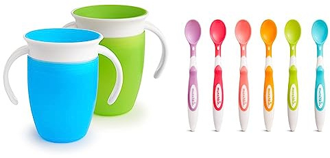 Munchkin Miracle 360 Cup, Baby and Sippy Cup, Ideal Sippy, Water and Weaning Cup 6+ to 12 Months, 7 oz/207 ml, 2 Pack, Green & Blue & Soft Tip Infant Spoons, Pack of 6
