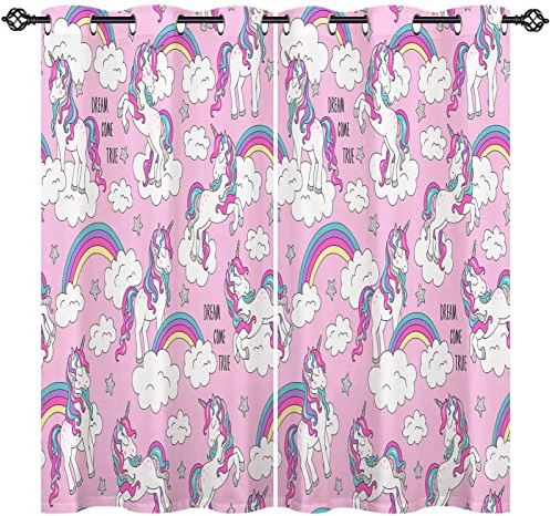 ANHOPE Pink Unicorn Rainbow Blackout Curtains Eyelet 46 x 54 Inch 2 Panels | Soft Polyester, Cartoon Cloud Stars Print, Thermal Insulation, Printed Window Drapes for Bedroom Living Room
