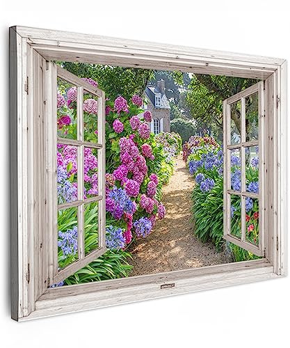 MuchoWow© Wandbilder Schlafzimmer Home Deko Wohnung Bild Wohnzimmer | 70x50 cm - Fotoleinwand Wand Bilder Leinwand Wall Decor Hortensie - Fensterblick - Blumen - Sommer - Lila - Weg