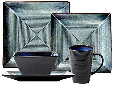 Juegos de vajilla de cerámica tradicional, juegos de cena cuadrados vintage con 8 platos, 4 tazones y 4 tazas, combinación completa de porcelana, servicio