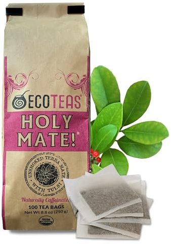 ECOTEAS Holy Mate! Organic Yerba Mate Tea Bags with Tulsi & Mint – Natural Energy, Detox Herbal Tea, Stress Support – Kosher, Non-GMO, Gluten-Free - 100 Bulk Bags, 8.8 oz (Pack of 1)