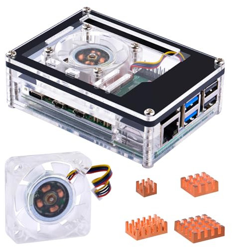 GeeekPi Acryl Gehäuse für Raspberry Pi 5,Pi 5 Gehäuse mit 4010 PWM Lüfter und 4PCS Reinkupfer Kühlkörper für Raspberry Pi 5 4GB/8GB, ZP-0165