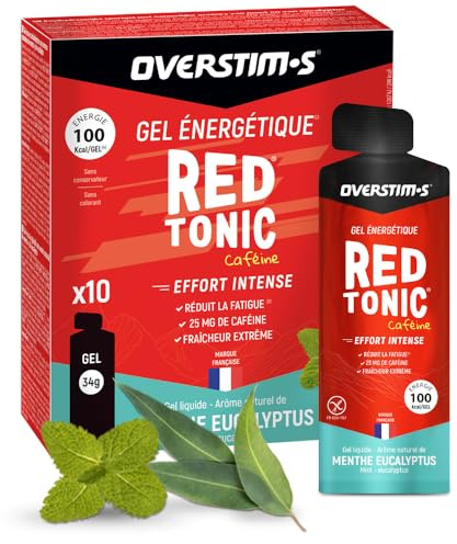 Overstim.s - Gel Red Tonic (10 sachets) - Gel énergétique pour le sport (vélo, course à pied...) - Energie instantanée - Caféine - Réduction de la fatigue - 100 kcal/gel - Saveur Menthe Eucalyptus