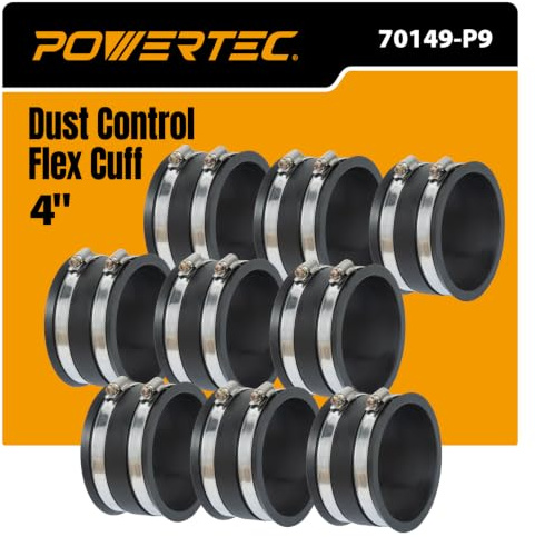 POWERTEC 70149-P9 4 Inch Dust Control Flex Cuff with Steel Hose Clamps, Hose Connector Rubber Cuff Coupler for Woodworking Dust Collection Fittings, Dust Collector Accessories & Machinery, 9 PK