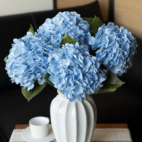 DUYONE 4 hortensias artificiales grandes de látex para boda, oficina, hogar, fiesta o decoración, color azul