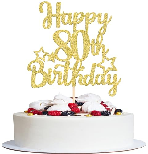 SYKYCTCY 1 Pack Happy 80th Birthday Cake Topper Glitter Little Star 80 Fabulous Cake Pick Birthday Sign Cake Decorations for 80th Birthday Theme Party Supplies Gold