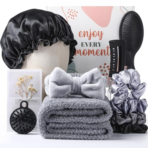 Sawysine 12 Pcs Mother's Day Hair Care Gift Set with Black Microfiber Hair Drying Towel Spa Kit Unique Spa Gift Basket Thank You Gifts for Mom Grandma Wife Best Friend Sister Her Mothers Day