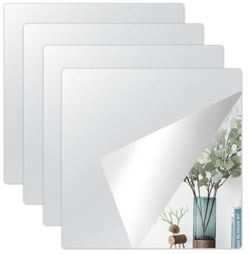 Honcet 4 Pcs Mirror Stickers 20x20cm, Self Adhesive Stick on Mirror Tiles for Wall, Tile Stickers Acrylic for Home Bathroom, Door (2mm Thick)