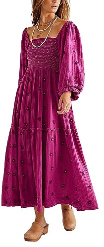 Springcmy Women's Flower Embroidered Maxi Dress Long Puff Sleeve Square Neck Smocked Tiered Bohemian Flowy Dress Beach Long Dress Sundress (A-Rose Purple, L)