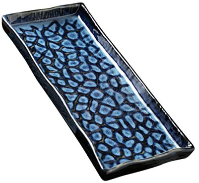 PRETYZOOM Rectangular Embossed Ceramic Sushi Serving Plate Blue Japanese Tray Fruit Dish Pasta Platter for Home Restaurant Hotel 12-Inch Snack Plate