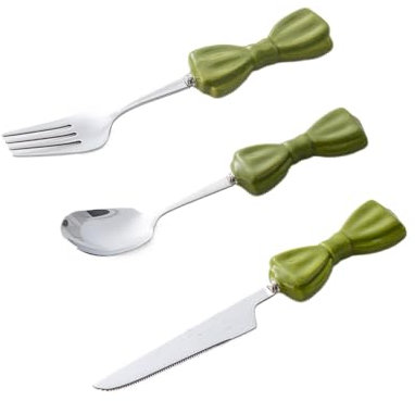 Bowknot Keramik Griff Küche Edelstahl Besteck Geschirr Besteck Set Steak Messer Gabel Löffel Teelöffel (Grün,3 Stück)