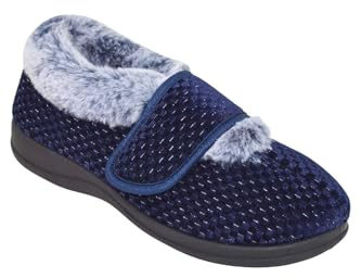 Chums Ladies Touch Fasten Wide EE Fit Faux Fur Trim Bootee Slipper Navy 6