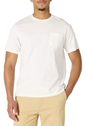Amazon Essentials Men's Relaxed Fit Heavyweight Cotton T-Shirt with Breast Pocket, White, L