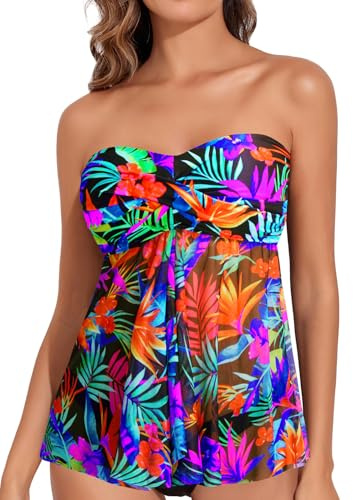 Talisea Women Bandeau Tankini Top Only Mesh Strapless Swimsuits Top Halter Flyaway Bathing Suits No Bottom, Colorful Leaves, XXL