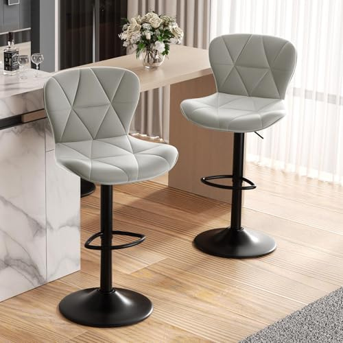 Hawthyhome Barhocker 2er Set Höhenverstellbar mit Lehne Hellgrau | 360° Drehbar, Kunstlederbezug, Fußstütze, Barstuhl, Kücheninsel, Heimbar, Esszimmer, BarHocker