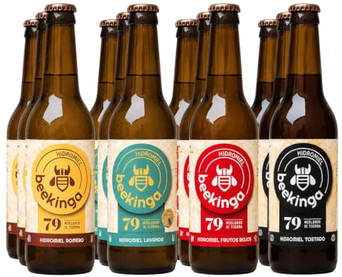Beekinga Pack Degustación Hidromiel de 12 Botellines de 33cl con Hidromiel de Romero, Lavanda, Tostado y Frutos Rojos