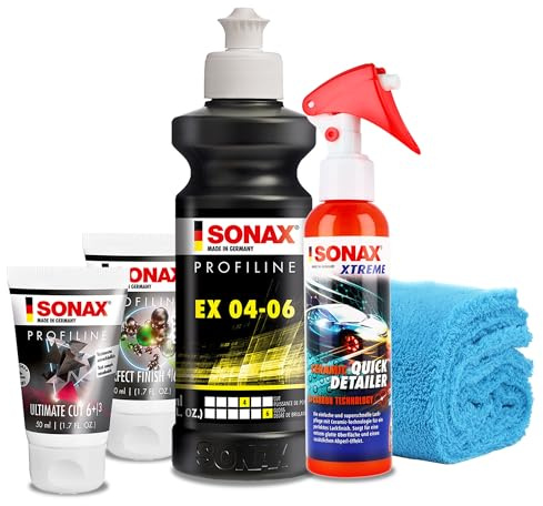 Autopolitur Set | Sonax Profiline EX 04-06 Hochglanzpolitur + PerfectFinish Politur gegen Kratzer + PROFILINE UltimateCut + Quick Detailer + Poliertuch