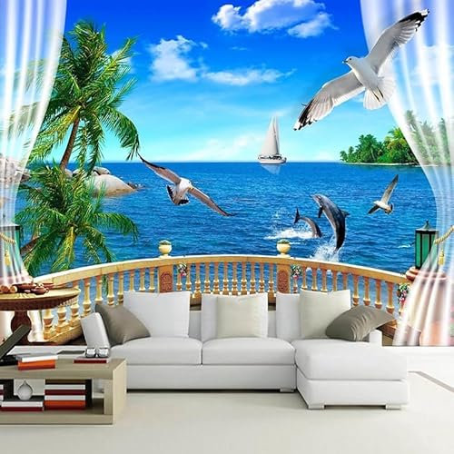 3D-Fototapete mit Meereslandschaft, Fenster, Balkon, für Wohnzimmer, Sofa, TV, Hintergrund, 3D-Weltraum-Fototapete, (B) 400 x (H) 250 cm
