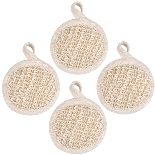 4 Pezzi Spugna di Luffa Naturale 8 × 8 Cm Spugna Corpo Doccia, Riutilizzabile Spugna da Bagno Luffa con Fascia Elastica, Compatto Guanto Scrub Corpo Spugna di Loofah Luffa per Donne e Uomini