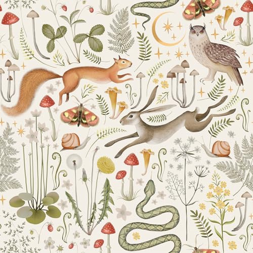 ReWallpaper Tapete Pilze Dschungel Beige 44.5CMx7M Tapete Kinder Tiere für Schlafzimmer Küche Wand Möbelfolie Selbstklebend Blätter Grün Dekorfolie Eichhörnchen Tapeten Badezimmer Wasserfest Motiv
