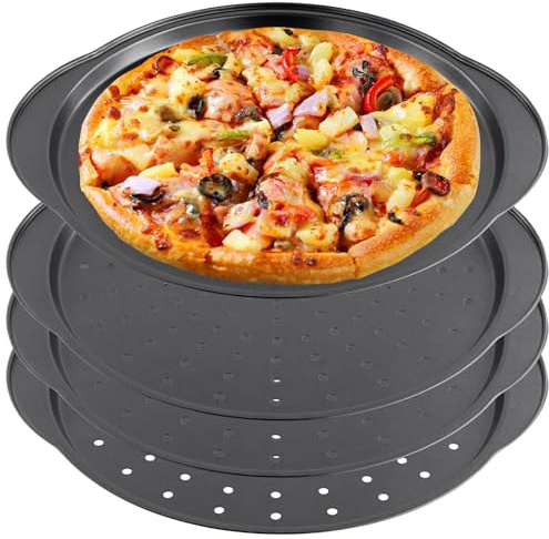 KEILEOHO 4 Stück Pizzablech Rund 32cm, Pizzaform mit Löchern und Griff, Perforierte Pizzapfanne aus Kohlenstoffstahl Pizza Ofenblech für Backen