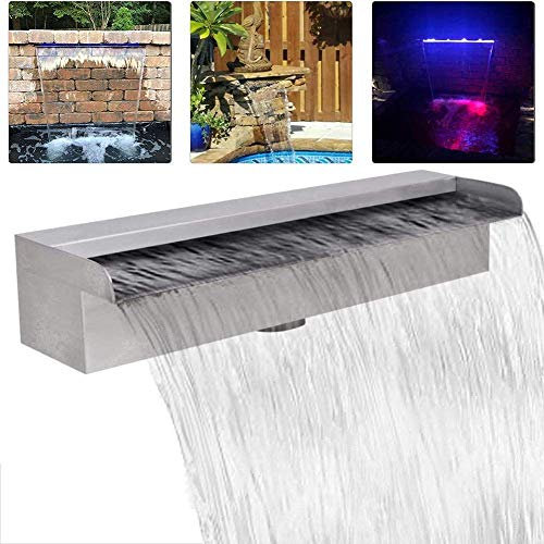 HUIBBGO Cascata da Giardino con Canale di Scarico da 60 cm, Fontana da Piscina con Cascata in Acciaio Inossidabile con Striscia Luminosa a LED per fontane da Giardino all'aperto.