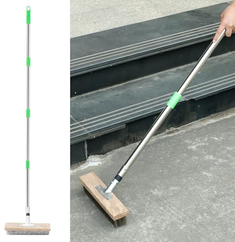 64 Inch Wire Broom, Stainless Steel Deck Brush Deck Scrubber with Long Handle, Heavy Duty Stiff Metal Bristle Patio Scrubbing Brush for Cleaning Moss Tough Stains on Concrete Garden Garage Patio