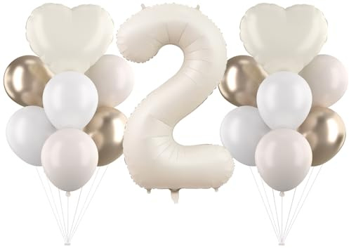 Cadimus Beige Luftballon 2.Geburtstag,40 Zoll Weiß Creme Folienballon 2 Jahr,Beige Zahlenballons,Geburtstagsdeko 2 Jahr Jungen und Mädchen,Hautfarbene Zahlenballons,Herz Folienballon