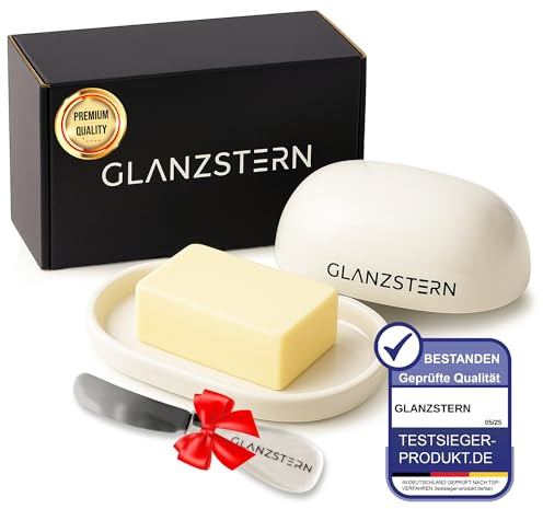 Elegante Butterdose aus Keramik mit Deckel und Messer – 250g Butterglocke – Spülmaschinenfest – Butterbehälter in Diamant Weiß – Stilvoll & Praktisch für jede Küche