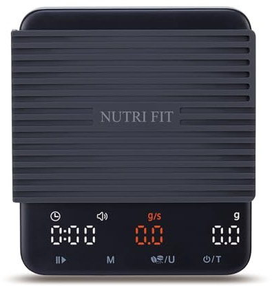 NUTRI FIT Mini kaffevåg med timer, USB-C uppladdningsbar köksvåg, bärbar espressomåg med LED-skärm, produktstorlek 11,5 x 10 cm, 2 kg/0,1 g - svart