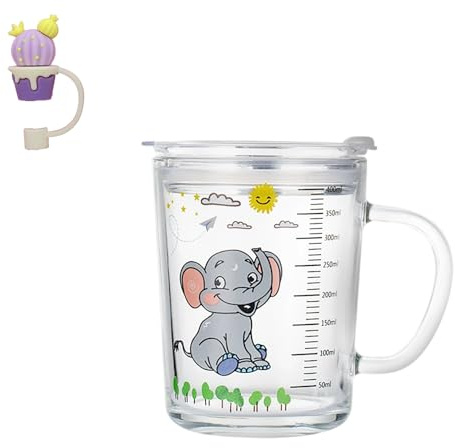 Banzimiao Vaso cristal con tapa y pajita, Cristal transparente con paja, 350 ml Tazas Medición Vaso Leche para Café Jugo Té Helado,Elefante gris,350 ml (C)