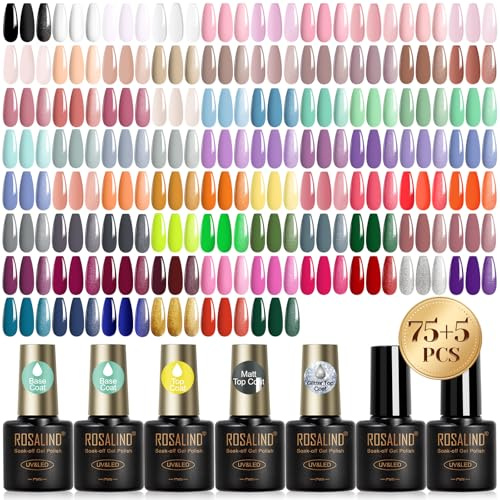 ROSALIND 80 stycken hybridlacksset, 80 stycken i vitt, rött, blått, grönt, lila och grått, mini UV/LED-lampa i orange roséguld, nageldekorationsset