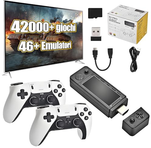 X9 Pro Bastone da Gioco Retrò 4K, con 2 Controller Wireless Ricaricabili 2.4G, Console di Gioco Precaricata con 42000+ Giochi Classici, 46+ Simulatori, Giochi TV Retrò Plug and Play (128 GB)