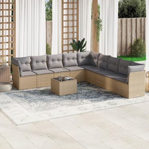Ensemble de 10 canapés de jardin en polyrotin beige avec espace de rangement, 289 x 289 cm, groupe de sièges d'extérieur pour terrasse, balcon, design modulaire, résistant aux UV