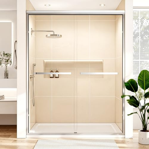Shower Doors 56-60 in W x 76 in H, 1/4(6mm) Tempered Glass Shower Door, Explosion-Proof Film and Nano Coating, Chrome Finish, Stainless Steel Handle