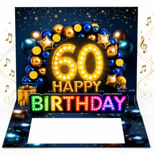 Joli Coon Geburtstagskarte 60 mit Musik und Licht, 20 x 15 cm | Pop-up-Mechanismus, Fächer für Geldscheine, Goldveredelung, passendes Kuvert, Siegelsticker, zum 60. Geburtstag