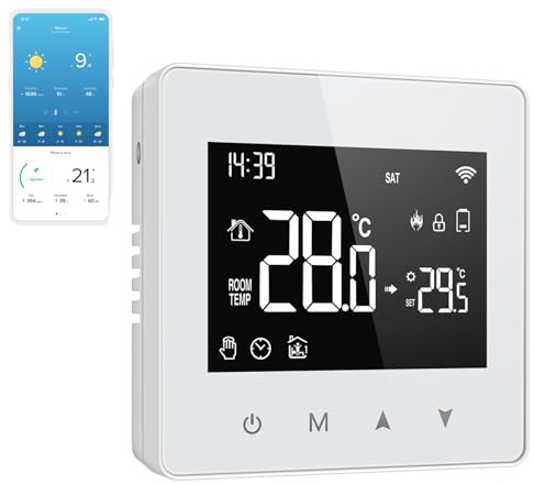 Thermostat Chaudiere Gaz Thermostat,Thermostast Chaudiere Gaz a Pile Ou USB,Thermostats Connecté WiFi,Compatible avec Alexa et Google Home,Voix et Télécommande,Écran LED Tactile,Programmable (Blanc)