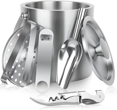 3L Ice Buckets for Parties 6PC Set, Stainless Steel Double-Wall Insulated Ice Bucket with Lid, Scoop, Tongs, Beer & Wine Opener – Ideal for Cocktail Bar, Outdoor Events & Keeps Ice Frozen Longer