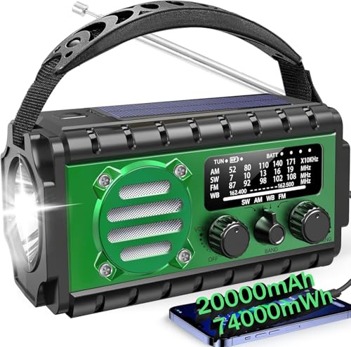 Tragbare Solar Radio 20000mAh, Notfall Radio mit Kurbel, Dynamo SW/AM/FM Notfallradio mit Wiederaufladbar Powerbank, 3 Modi LED Taschenlampe, LED Leselampe, SOS Alarm und USB-Anschluss für Outdoor