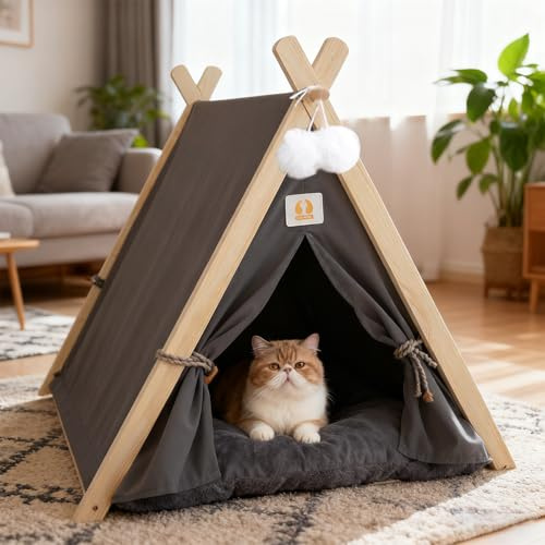 PETCUTE Katzenzelte,Haustier-Tipi für Katzen, Kätzchen und kleine Hunde,Faltbare,dreieckiges Hundezelt aus Holz mit herausnehmbarem Kissen, gemütliche Hundehütte für den Innenbereich,Grau