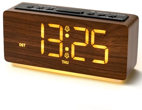 GemCoo Digitaler Wecker, Holz Wecker Digital mit Licht USB-C Wiederaufladbar Doppelalarm, 4 Lautstärken&Helligkeitsdimmer, Snooze, Nachttisch Wecker für Tiefschläfer, Schlafzimmer, Reisen 12/24HR