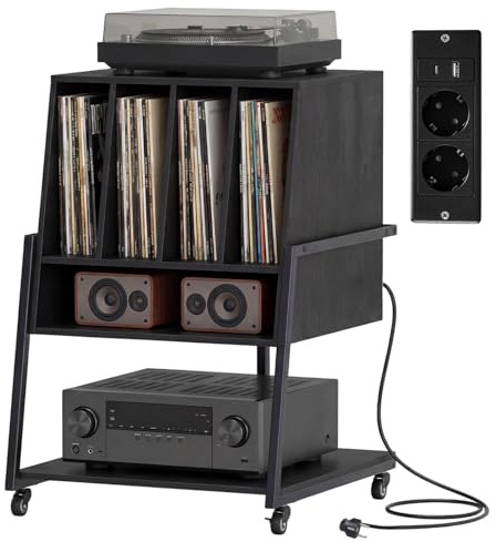 KOMFOTTEU Mueble para Tocadiscos (Negro, con Estación de Carga) | Mesa para Tocadiscos con Ruedas/Patas Ajustables, Divisores, Soporte de Discos de Vinilo de Madera para Álbumes para Salón